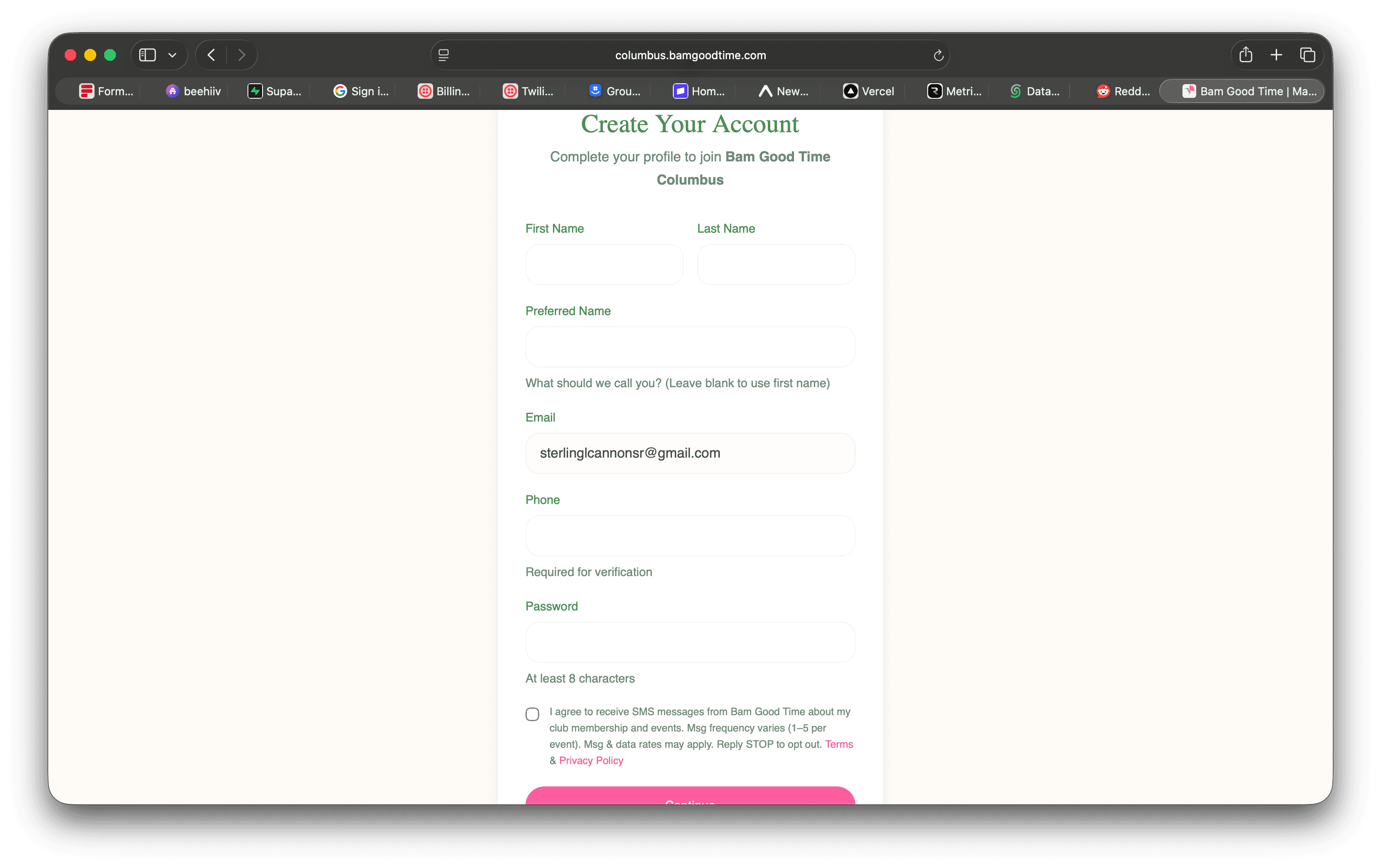 Screenshot of the Bam Good Time registration form showing the unchecked SMS consent checkbox with full disclosure text, Terms and Privacy Policy links, below the phone and password fields
