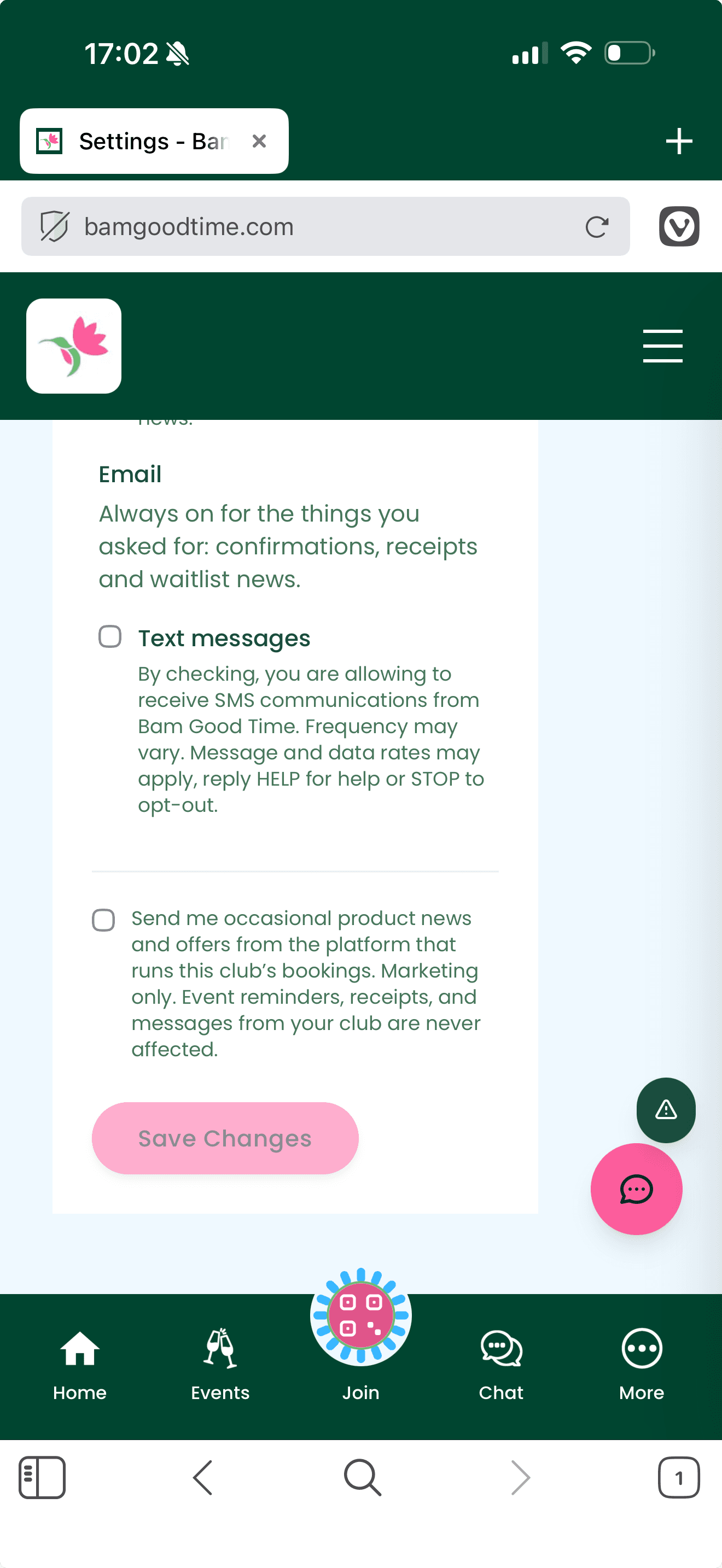 Screenshot of the Bam Good Time registration form showing the unchecked SMS consent checkbox with full disclosure text, Terms and Privacy Policy links, below the phone and password fields
